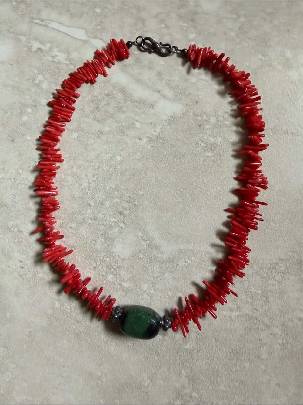 Red Coral Chip Necklace with Green Accent Bead
